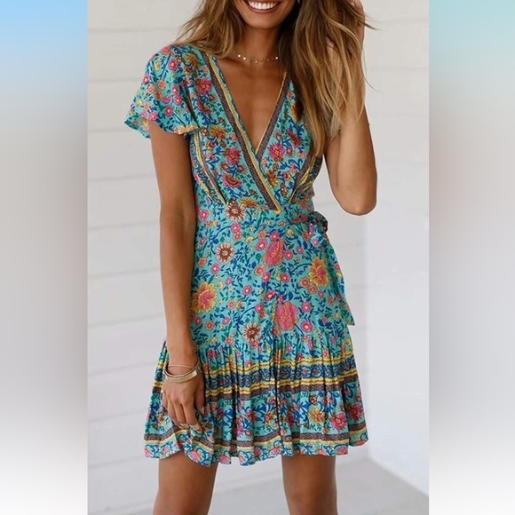 Dresses & Skirts - Summer Wrap V Neck Dresses Bohemian Floral Print Ruffle Swing XL